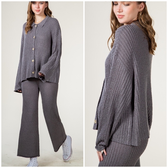 VERY J Charcoal Gray Chic 2-Piece Ribbed Top And Pants Set - Picture 5 of 5